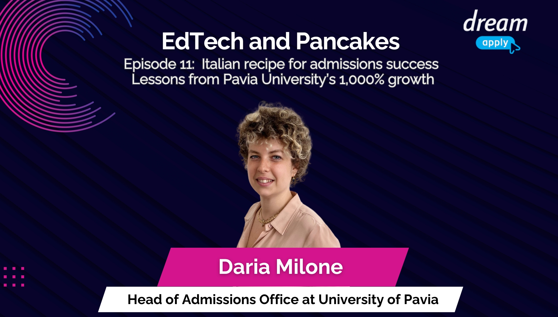 ¿Cuál es la receta italiana para unas admisiones internacionales más inteligentes? | Descubra cómo la Universidad de Pavia aumentó las solicitudes en un 1.000% utilizando el software de admisiones de DreamApply. En este episodio del podcast EdTech &amp; Pancakes, Daria Milone comparte sus conocimientos sobre cómo agilizar las admisiones, mejorar la experiencia de los estudiantes e integrarse con sistemas italianos como PagoPA. Descubra 10 puntos clave para mejorar la captación de estudiantes internacionales y optimizar su estrategia de admisiones. ¡Véalo ahora!